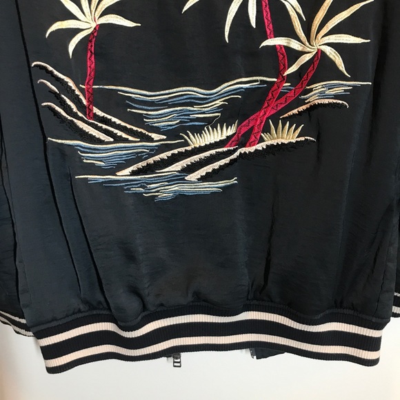 Satin Mai Tai Bomber Jacket by Capulet Hawaii Embroidered Navy & Oyster sz S - Picture 12 of 13